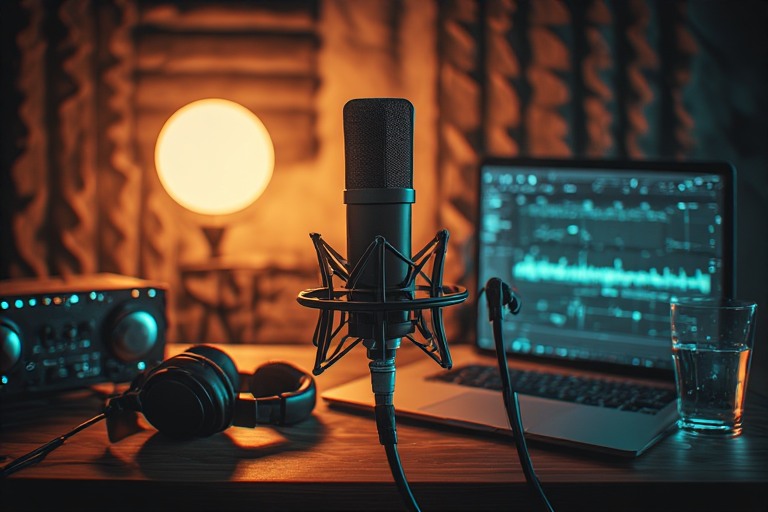 Professional condenser microphone in a shock mount on a wooden desk next to a laptop displaying audio waveforms, headphones, and soundproofing foam.