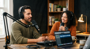 A man speaking into a Shure microphone on a boom arm and a smiling woman holding a microphone while recording a podcast with an audio mixer and laptop.