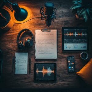 Top-down flat lay of a wood desk featuring a professional condenser microphone, studio headphones, tablets displaying orange and blue audio waveforms, a spiral notebook with script notes, and warm lamp lighting.