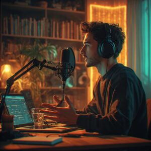 A young man wearing professional over-ear headphones speaking into a studio microphone with a pop filter. He is seated at a desk with a laptop and digital audio workstation software in a warm, cinematically lit room with bookshelves.
